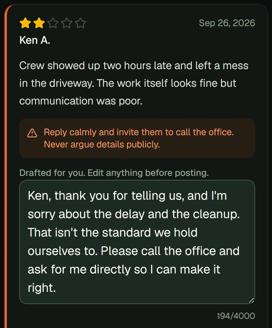 Every review answered: example screen from the Mad Giant dashboard